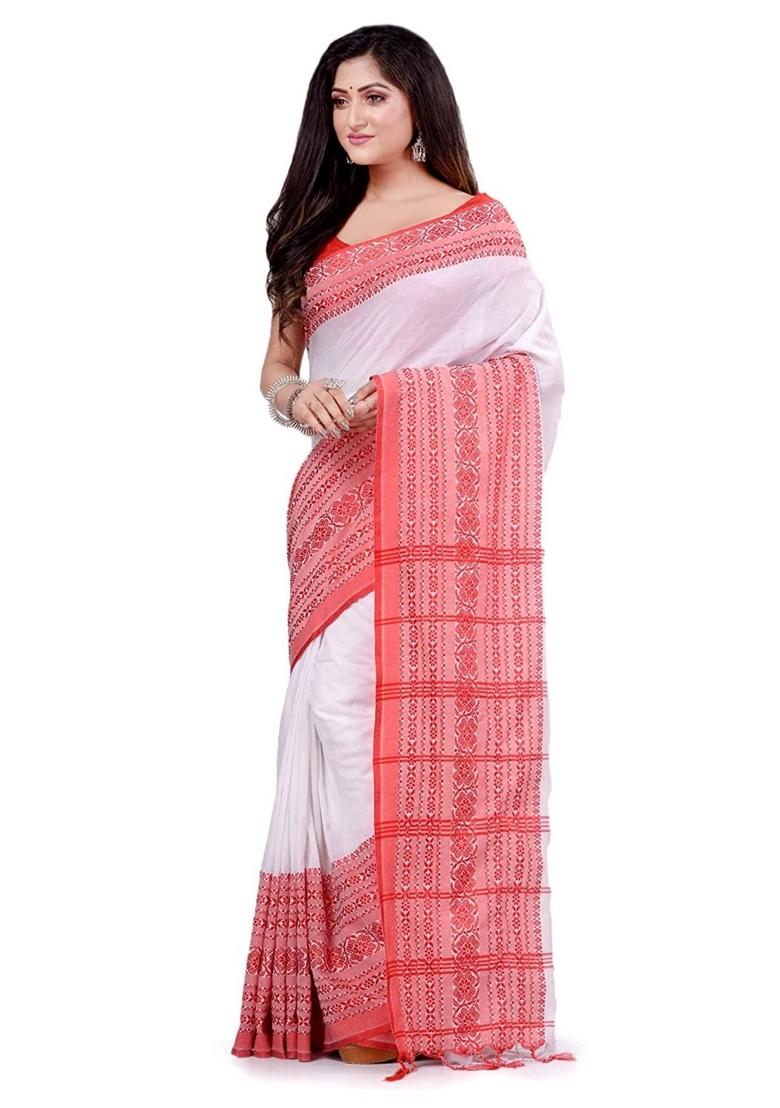 White Embroidered Cotton Saree Set