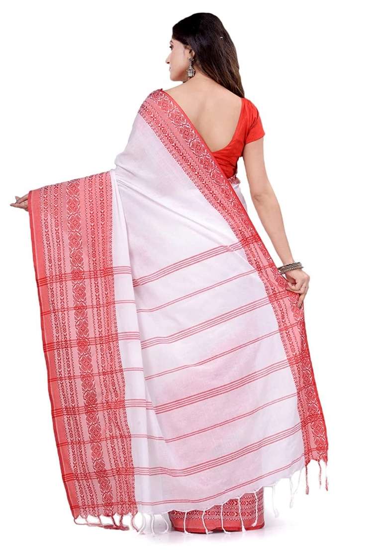 White Embroidered Cotton Saree Set for Diwali and Festive Wear - Indya