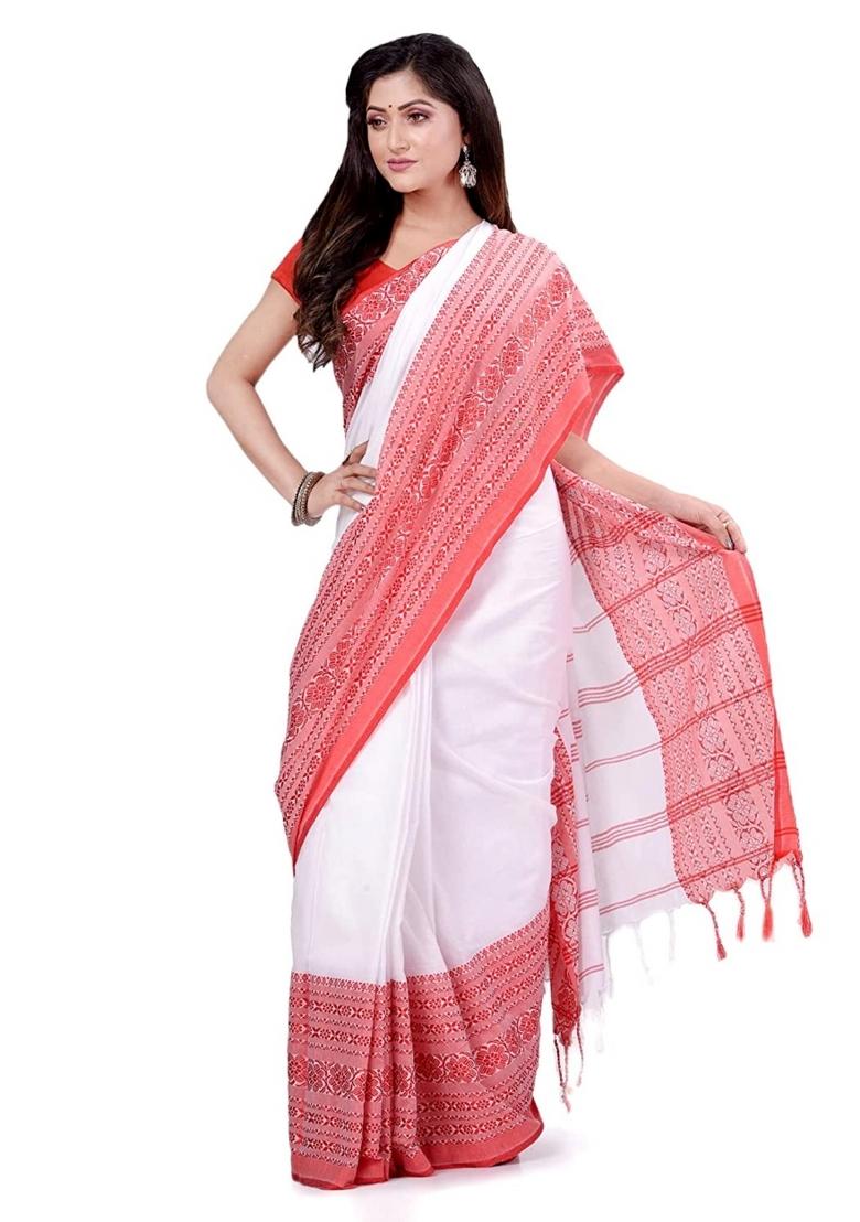 White Embroidered Cotton Saree Set