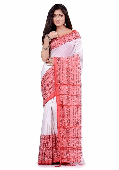 White Embroidered Cotton Saree Set