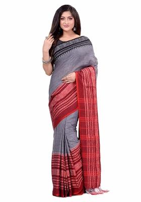 Grey Embroidered Cotton Saree Set