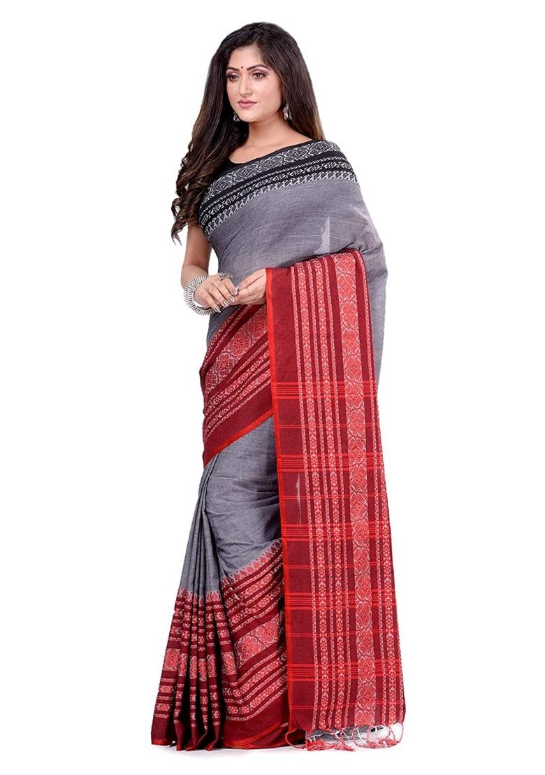 Grey Embroidered Cotton Saree Set