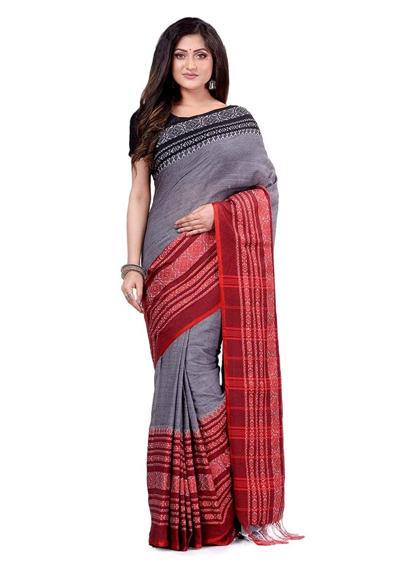 Grey Embroidered Cotton Saree Set