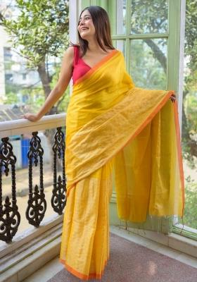 Yellow Embroidered Cotton Saree Set