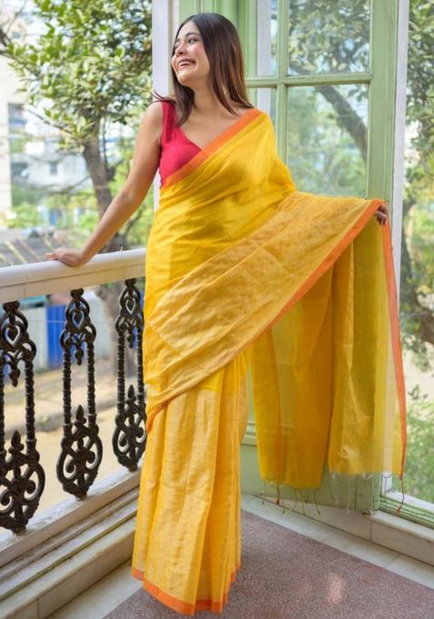 Yellow Embroidered Cotton Saree Set