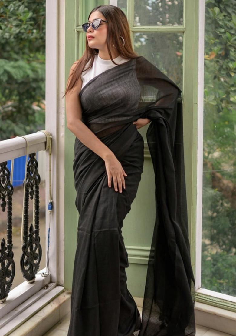 Black Embroidered Cotton Saree Set