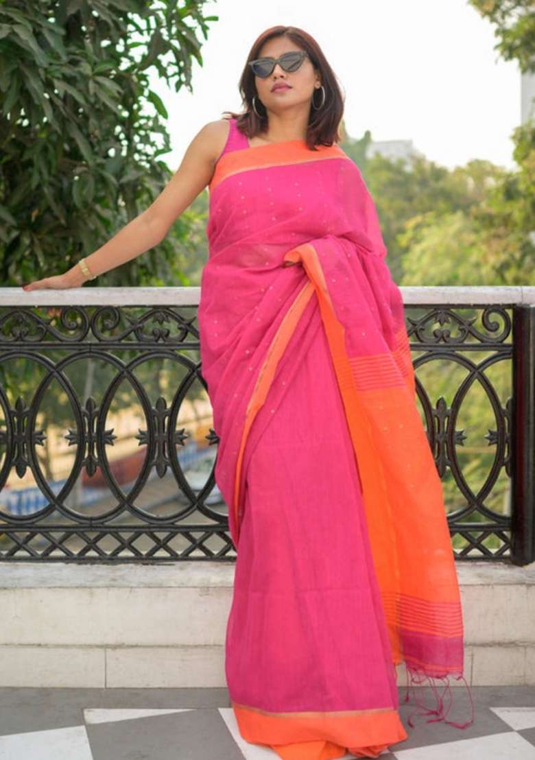 Pink Cotton Saree Set with Embroidered for Diwali | Wedding & Festive Wear - Indya