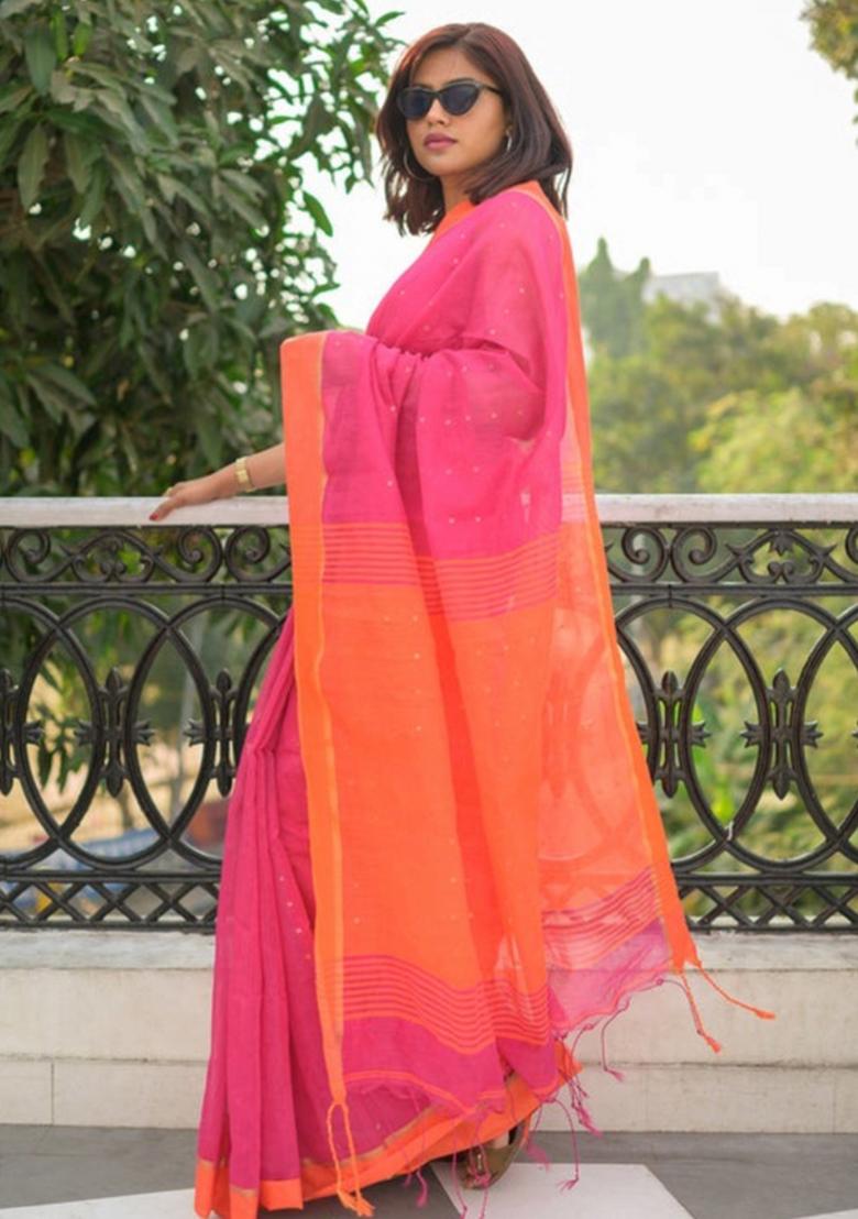 Pink Embroidered Cotton Saree Set