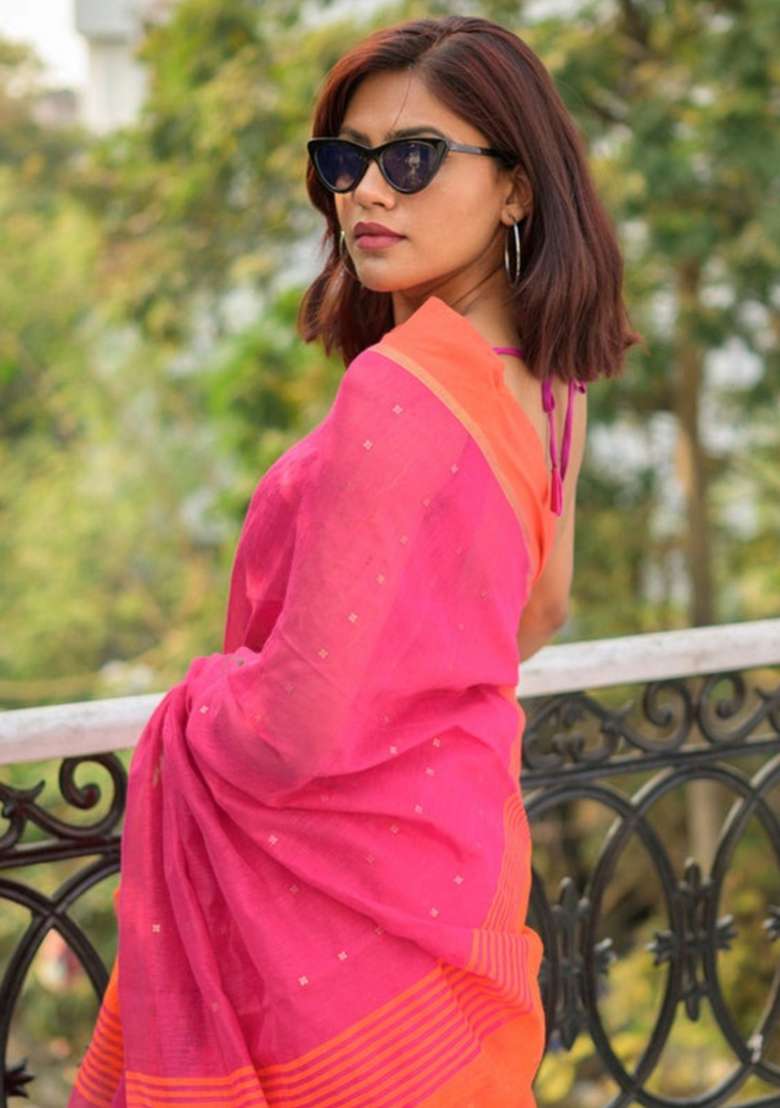 Pink Cotton Saree Set with Embroidered for Diwali | Wedding & Festive Wear - Indya