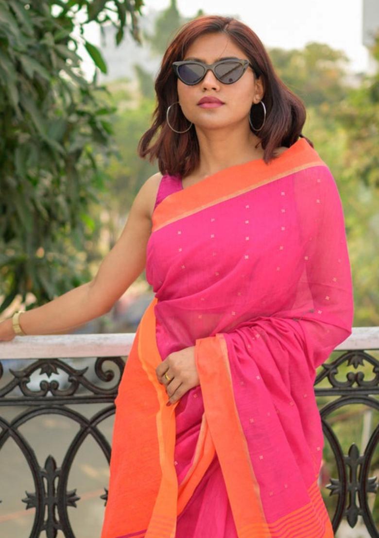 Pink Embroidered Cotton Saree Set