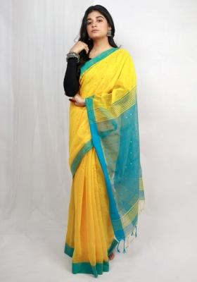 Yellow Embroidered Cotton Saree Set