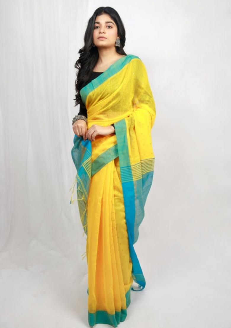 Yellow Embroidered Cotton Saree Set