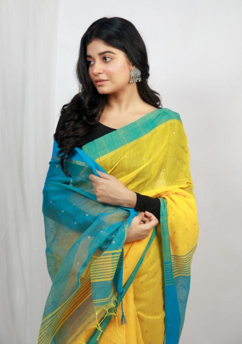 Yellow Embroidered Cotton Saree Set