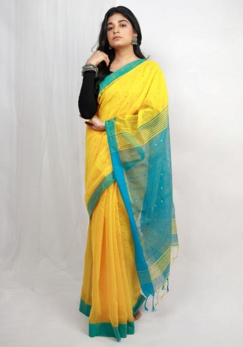 Yellow Embroidered Cotton Saree Set