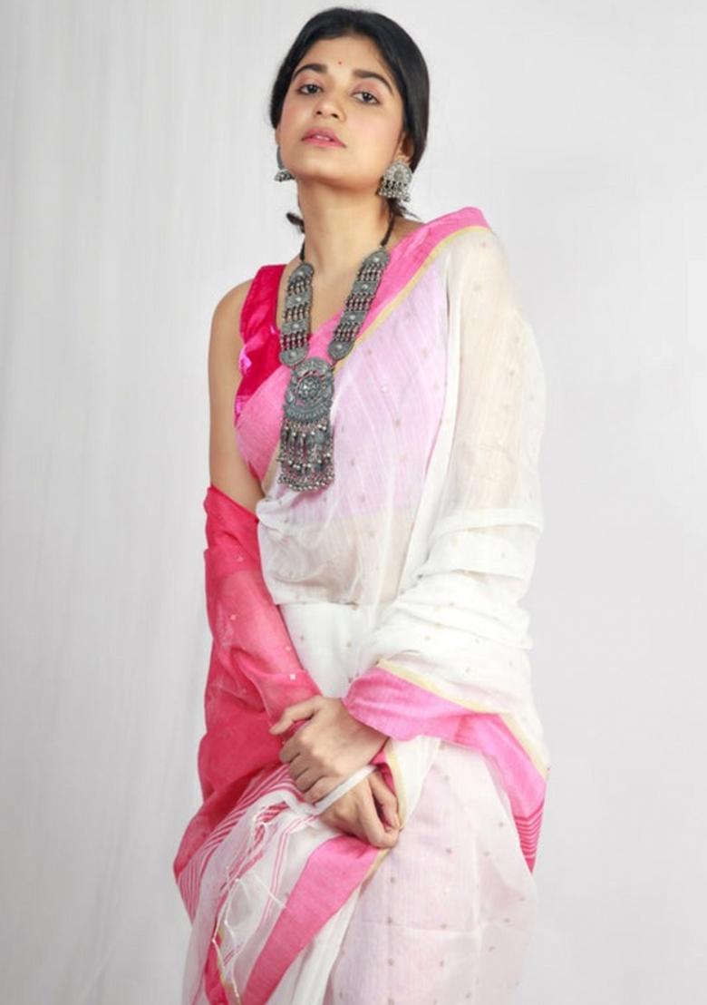 White Embroidered Cotton Saree Set