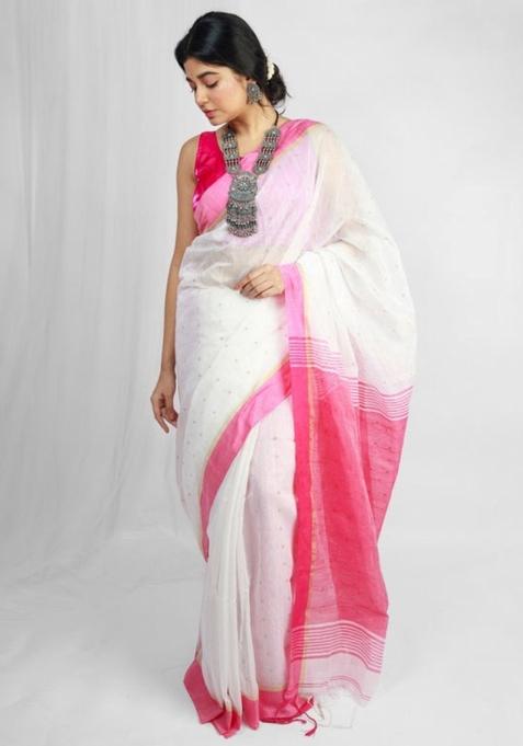 White Embroidered Cotton Saree Set
