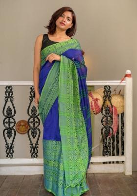 Blue Embroidered Cotton Saree Set