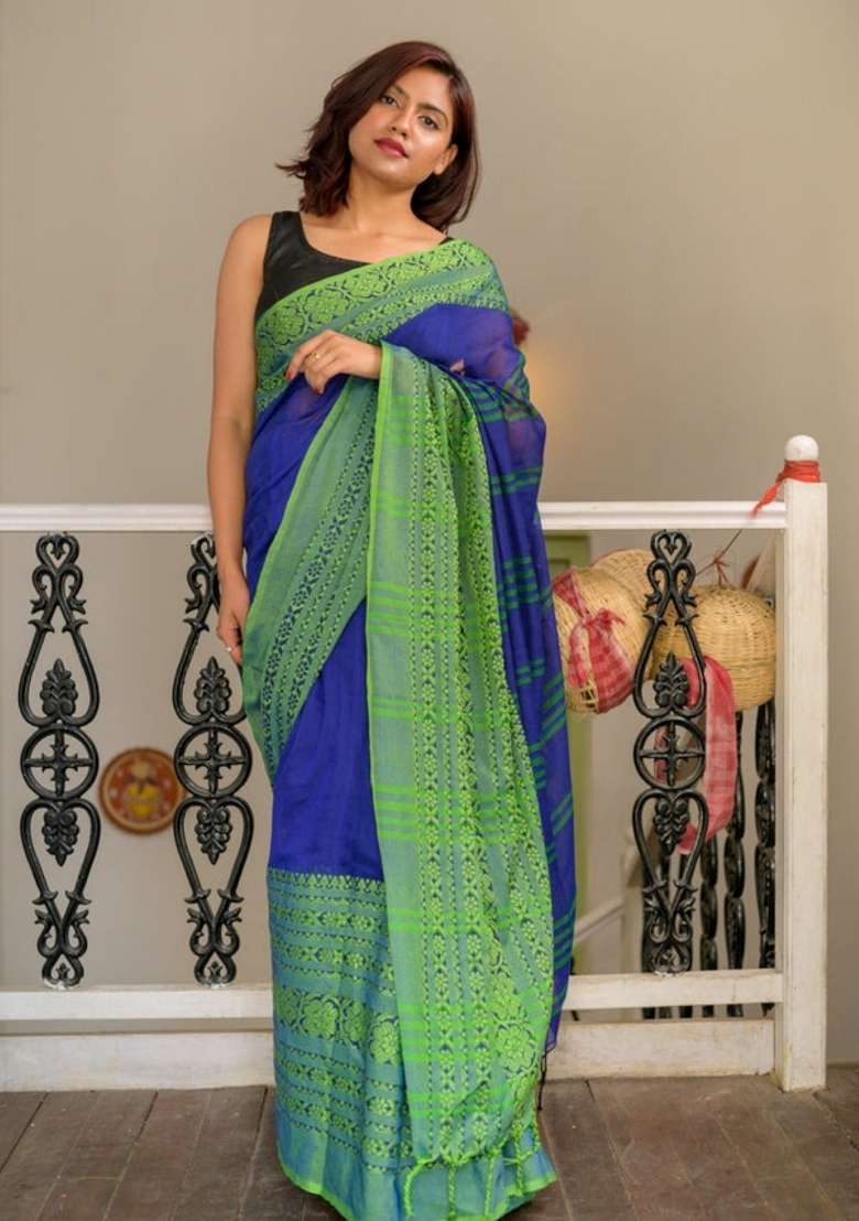 Blue Embroidered Cotton Saree Set - Indya