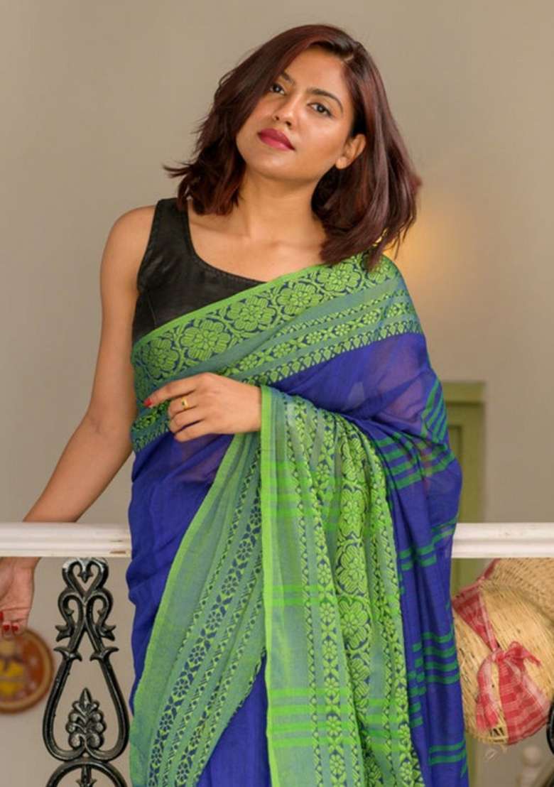 Blue Embroidered Cotton Saree Set - Indya