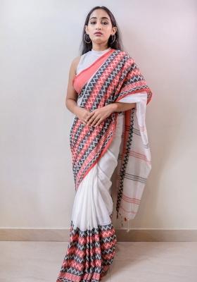 White Embroidered Cotton Saree Set