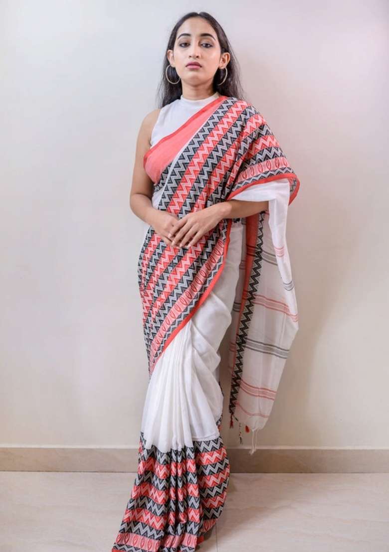 White Embroidered Cotton Saree Set - Indya