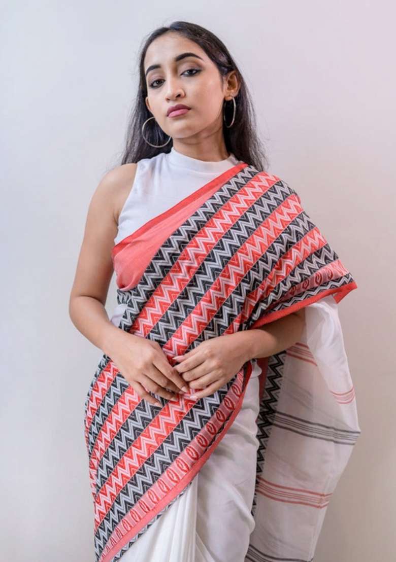 White Embroidered Cotton Saree Set - Indya
