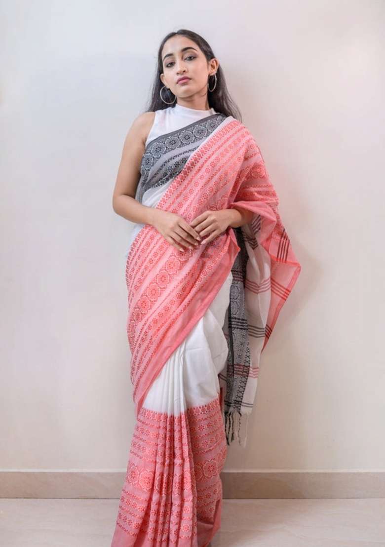 White Embroidered Cotton Saree Set for Diwali and Festive Wear - Indya