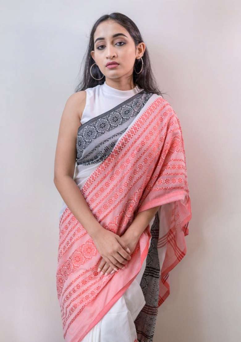 White Embroidered Cotton Saree Set for Diwali and Festive Wear - Indya