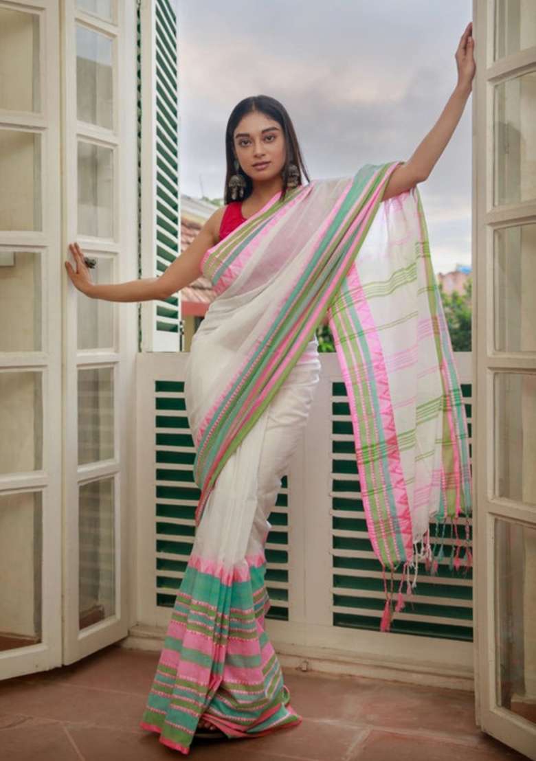 White Embroidered Cotton Saree Set for Diwali and Festive Wear - Indya
