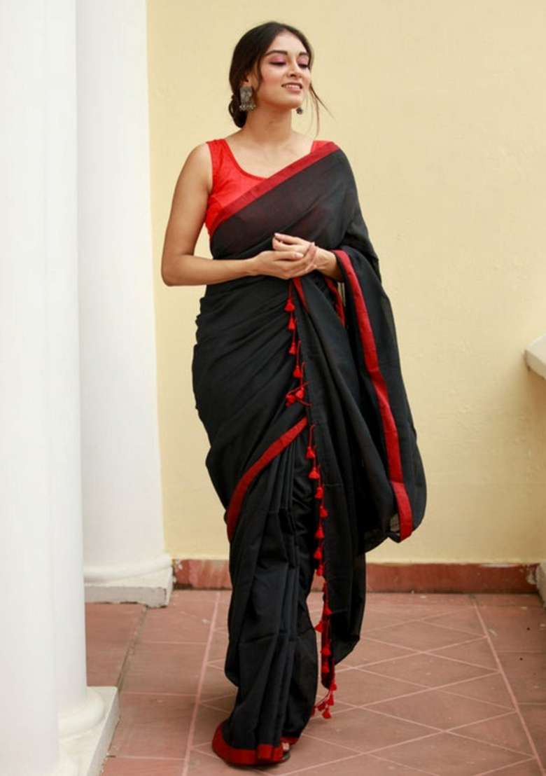 Black Cotton Saree Set with Embroidered for Diwali | Wedding & Festive Wear - Indya