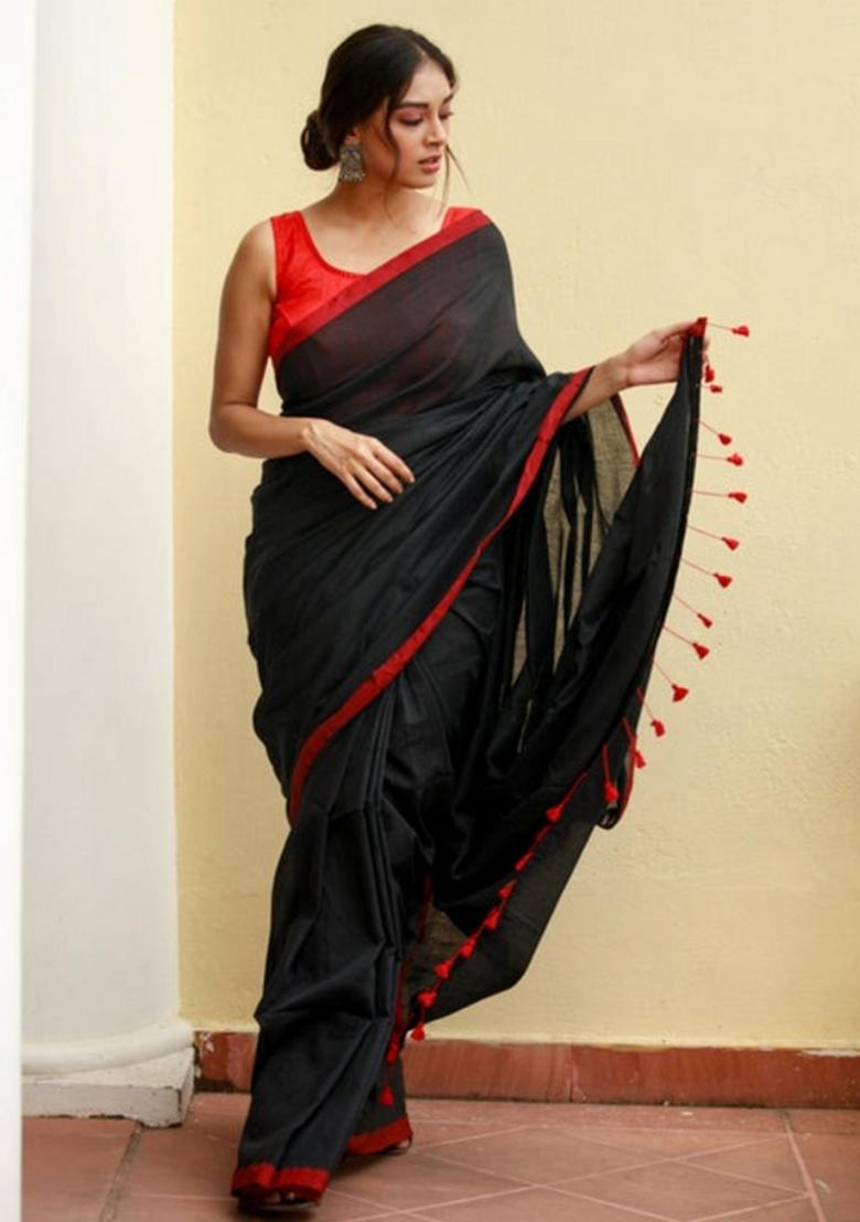 Black Embroidered Cotton Saree Set