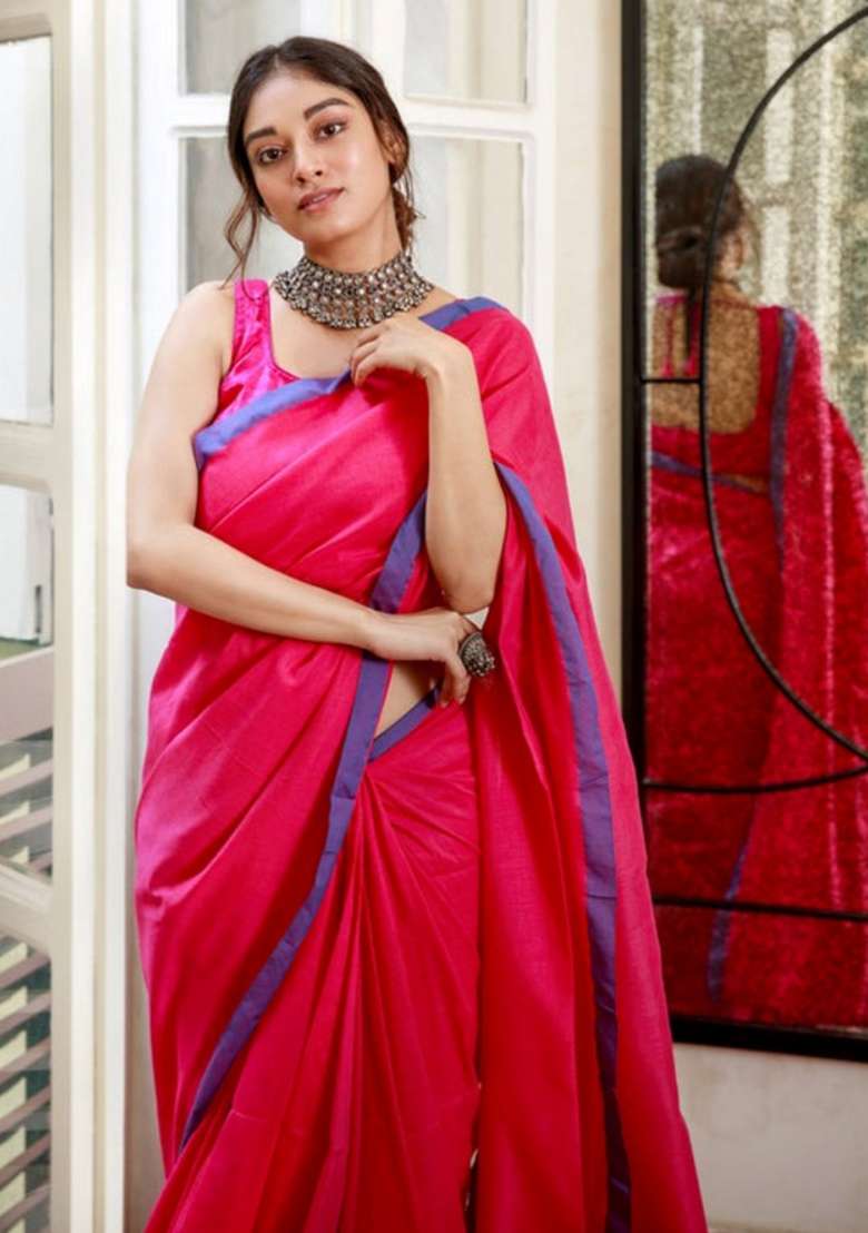 Rani Pink Cotton Saree Set with Embroidered for Diwali | Wedding & Festive Wear - Indya