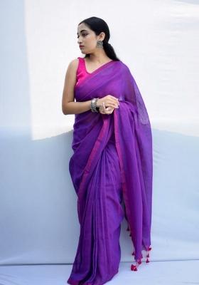 Purple Embroidered Cotton Saree Set