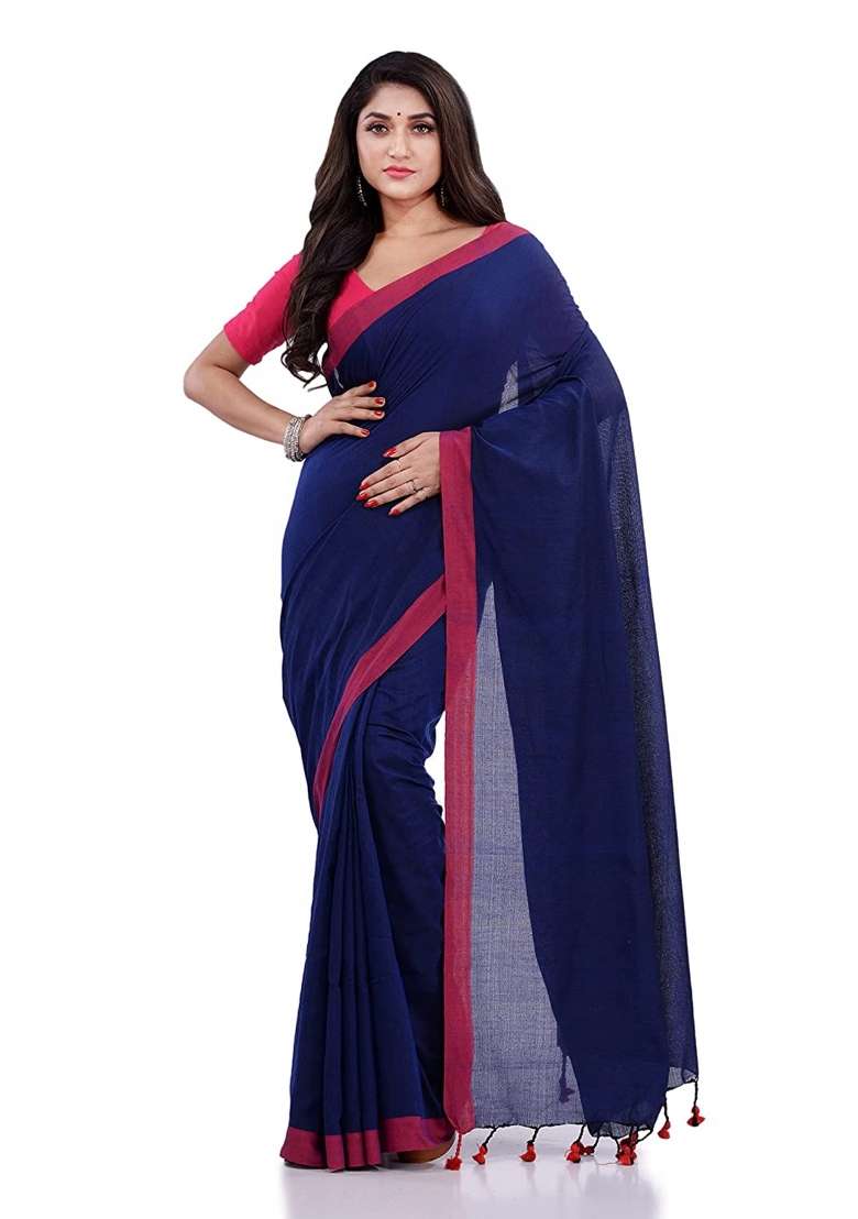 Blue Cotton Saree Set with Embroidered for Diwali | Wedding & Festive Wear - Indya