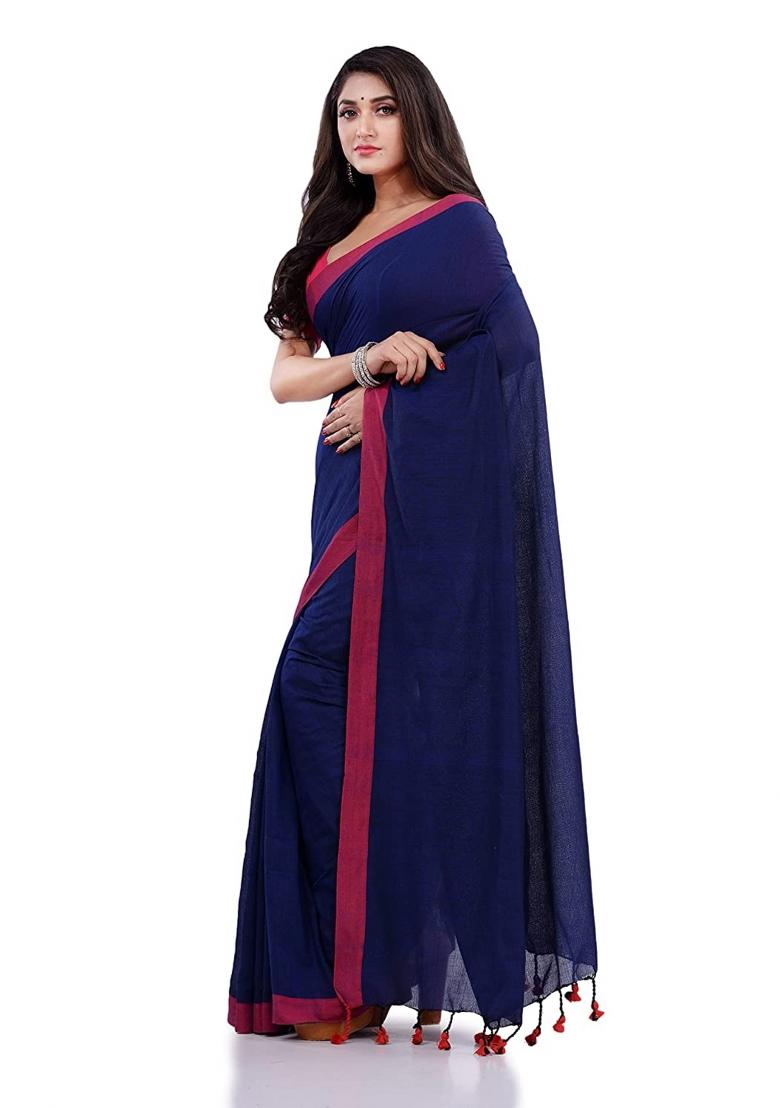 Blue Embroidered Cotton Saree Set
