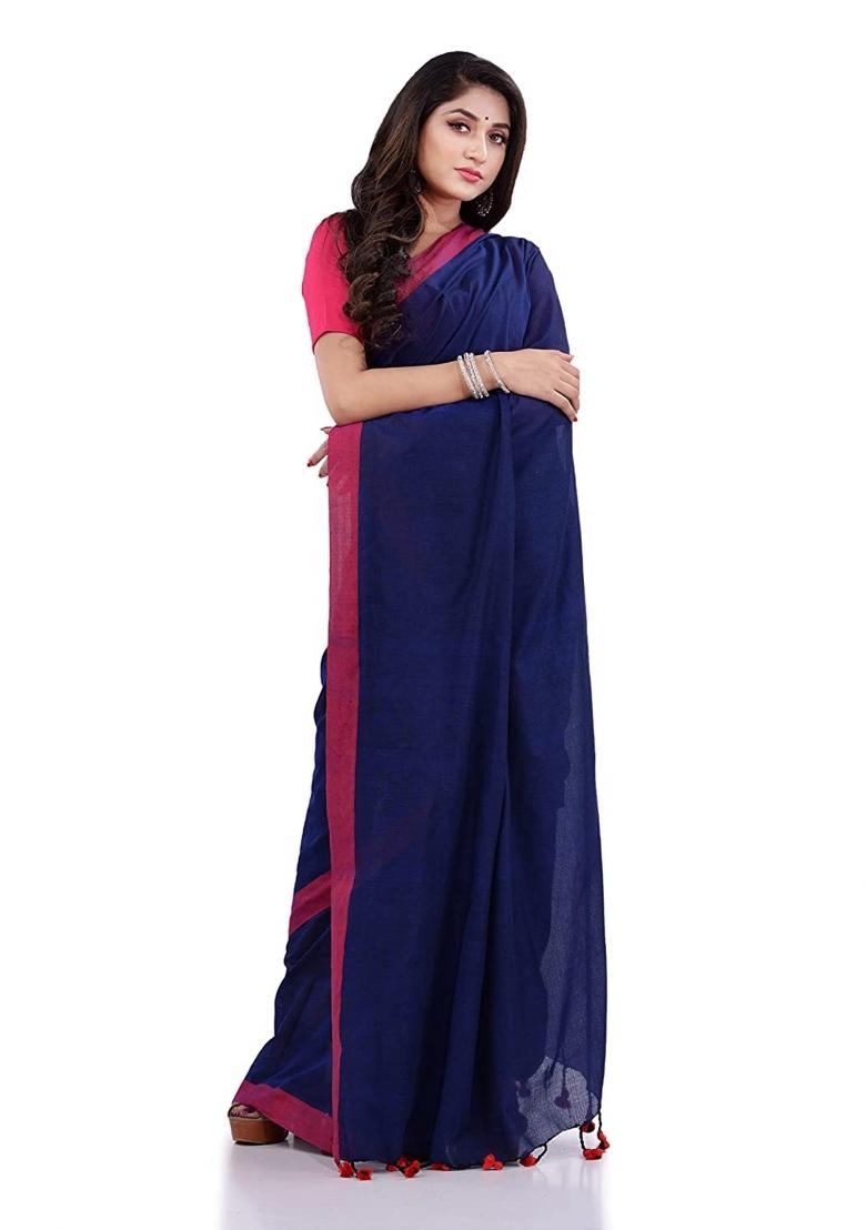 Blue Embroidered Cotton Saree Set