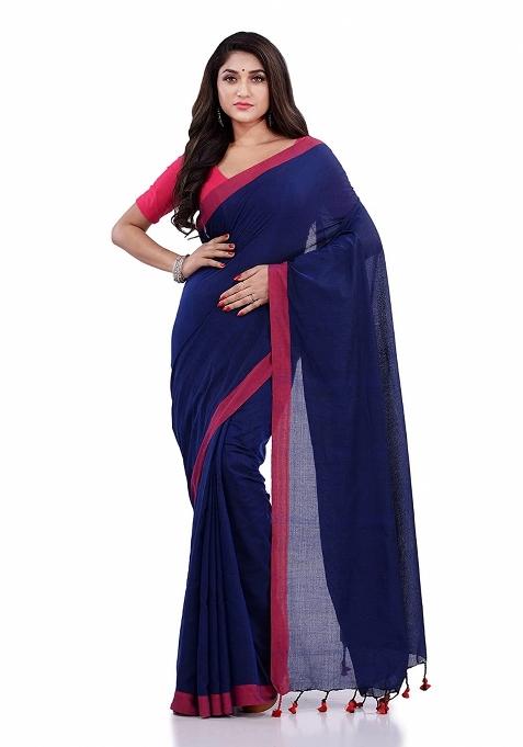 Blue Embroidered Cotton Saree Set