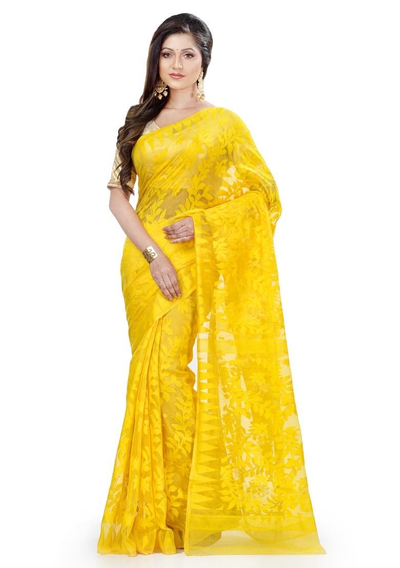 Yellow Embroidered Cotton Saree