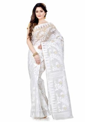 White Embroidered Cotton Saree