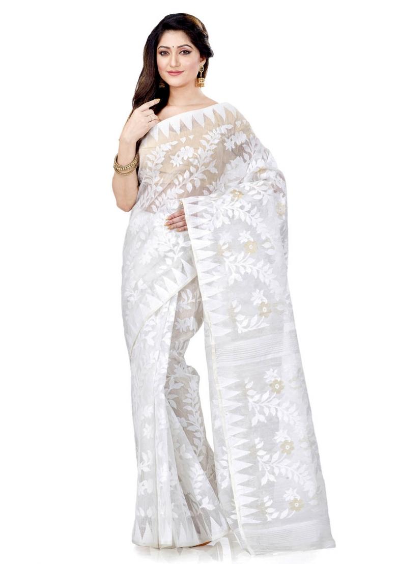 White Embroidered Cotton Saree