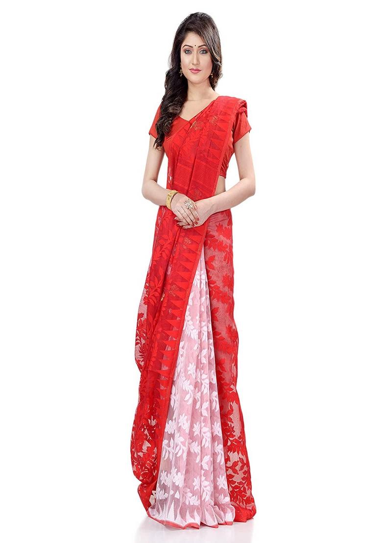 Red White Embroidered Cotton Saree