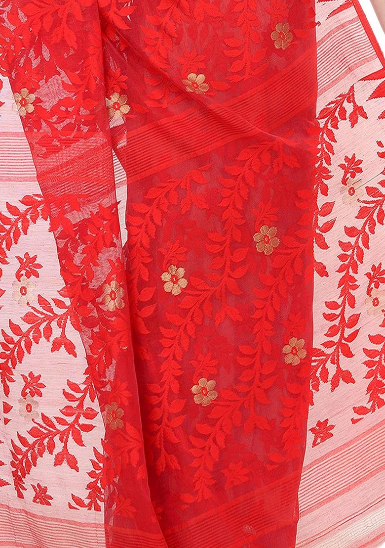 Red White Embroidered Cotton Saree