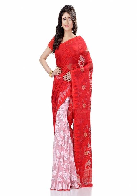 Red White Embroidered Cotton Saree