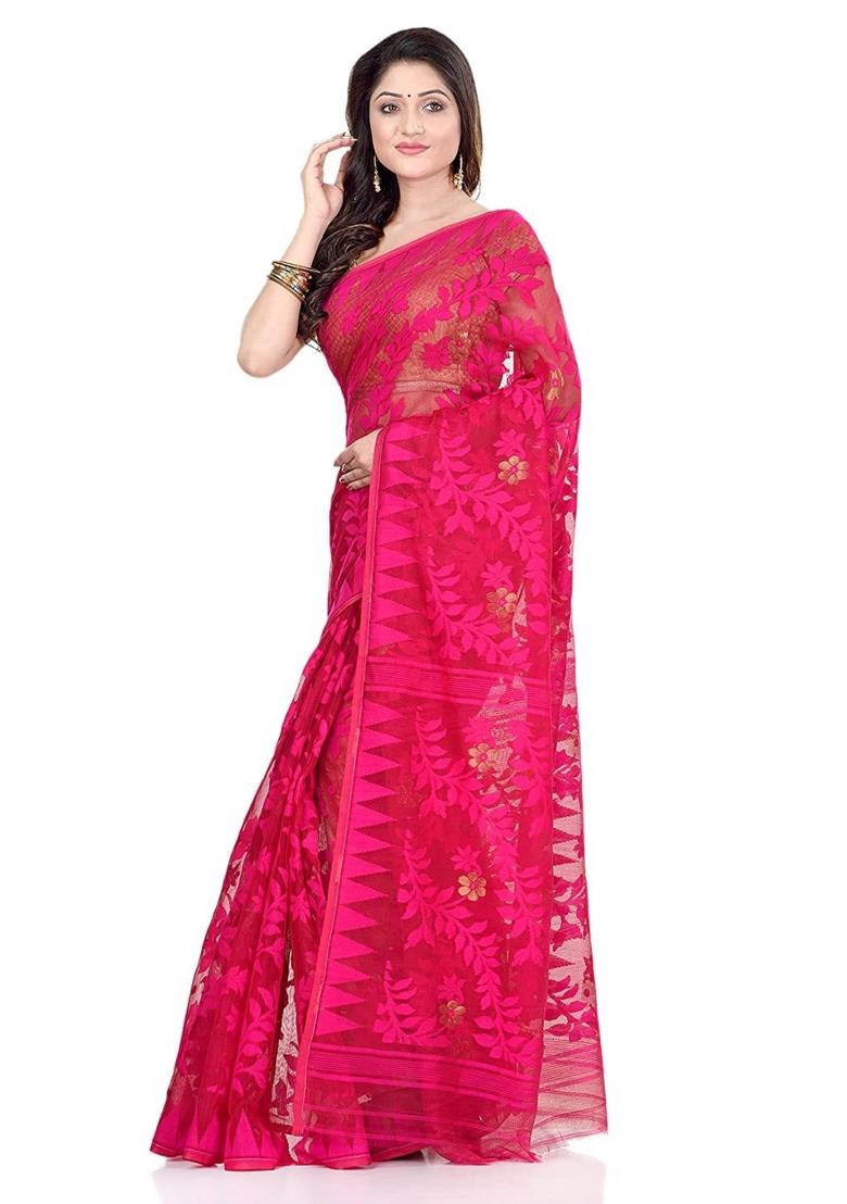 Pink Embroidered Cotton Saree