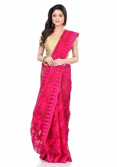 Pink Embroidered Cotton Saree