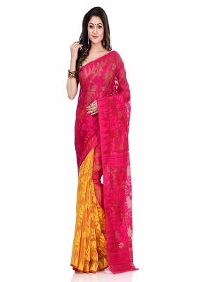 Yellow Pink Embroidered Cotton Saree
