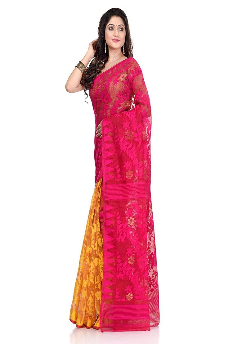 Yellow Pink Embroidered Cotton Saree