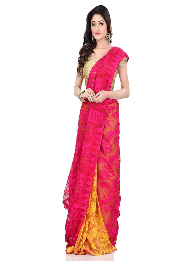Yellow Pink Embroidered Cotton Saree