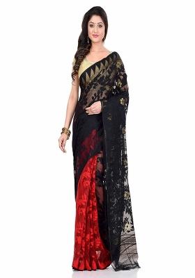 Black Red Embroidered Cotton Saree