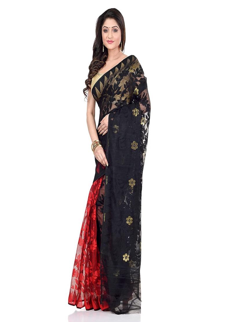 Black Red Embroidered Cotton Saree